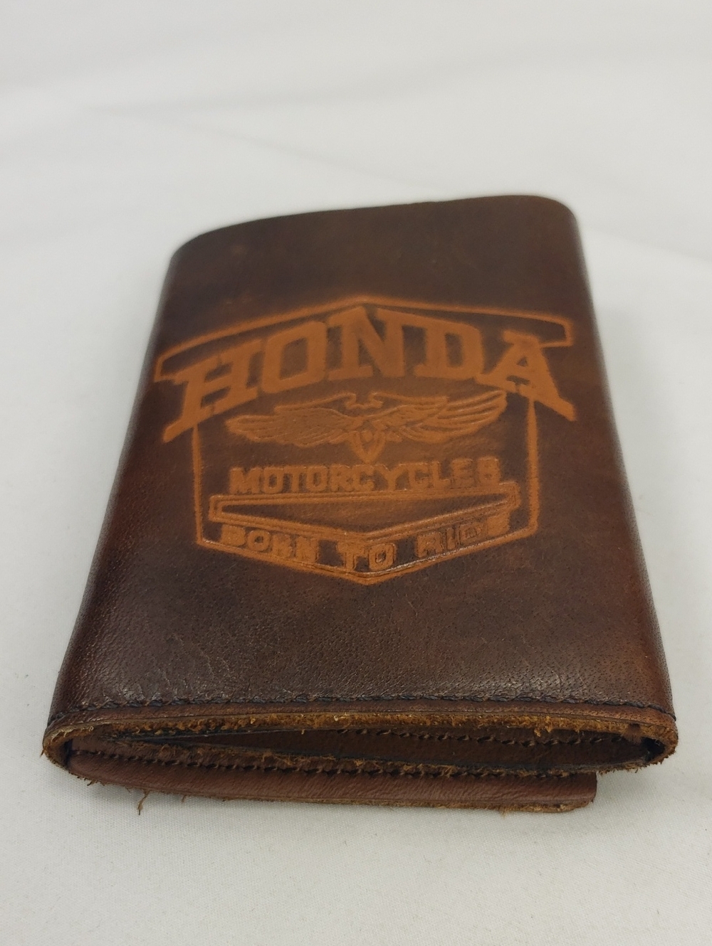 VINTAGE Brown Leather “Honda Motorcycles  Born to Ride" Tri-Fold Wallet